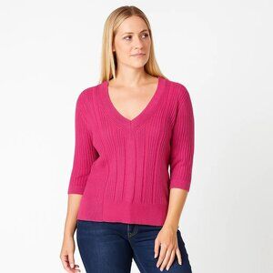 NWT White House Black Market Elbow Sleeve V Neck Pullover Sweater Carmine Pink M